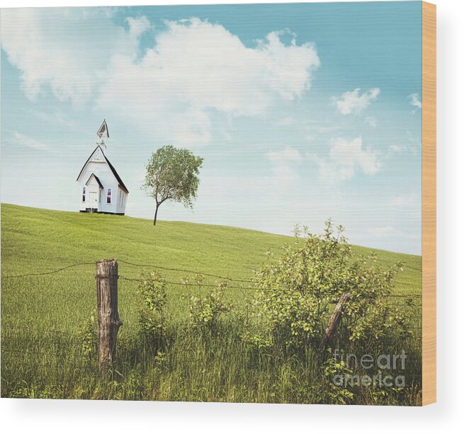 Abstract Wood Print featuring the photograph Old country school house on a hill #1 by Sandra Cunningham