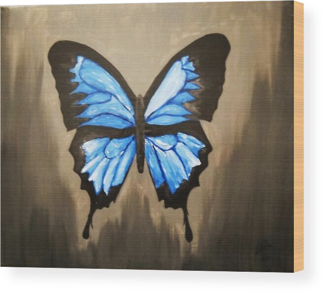 Blue Wood Print featuring the painting A Blue Butterfly by Edwin Alverio