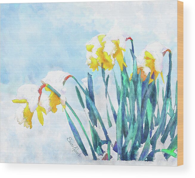 Flower Wood Print featuring the painting Daffodils With Bad Timing by Suni Roveto