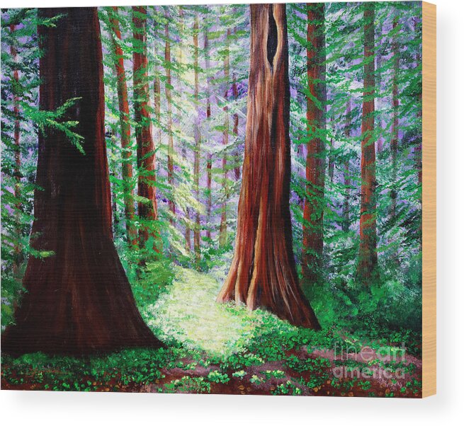 Redwood Wood Print featuring the painting Daybreak in the Redwoods by Laura Iverson