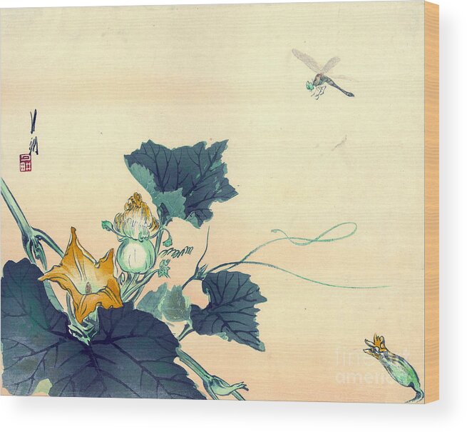 Dragonfly And Squash Blossoms 1890 Wood Print featuring the photograph Dragonfly and Squash Blossoms 1890 by Padre Art