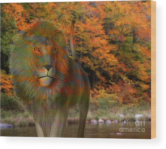 Fantasy Wood Print featuring the digital art Fantasy Lion In Autumn by Smilin Eyes Treasures