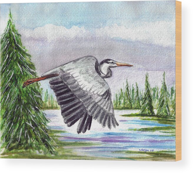 Heron In Flight Wood Print featuring the painting Flight of Fantasy by Clara Sue Beym