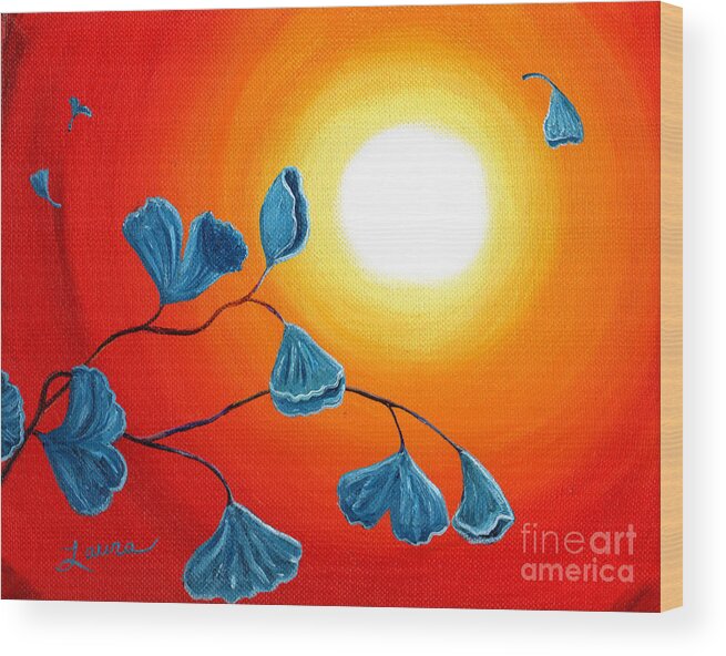 Japanese Wood Print featuring the painting Ginkgo Leaves in Bright Sunset by Laura Iverson