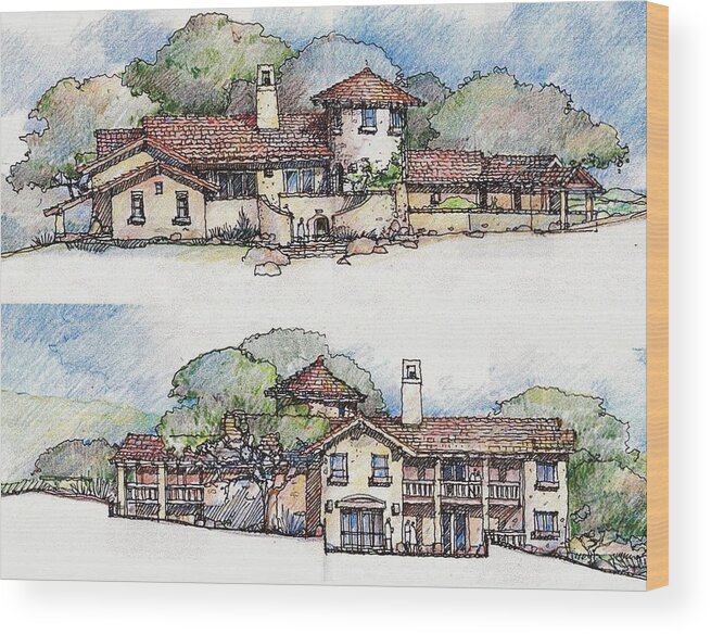 Architecture Spanish Style Wood Print featuring the drawing Hacienda by Andrew Drozdowicz