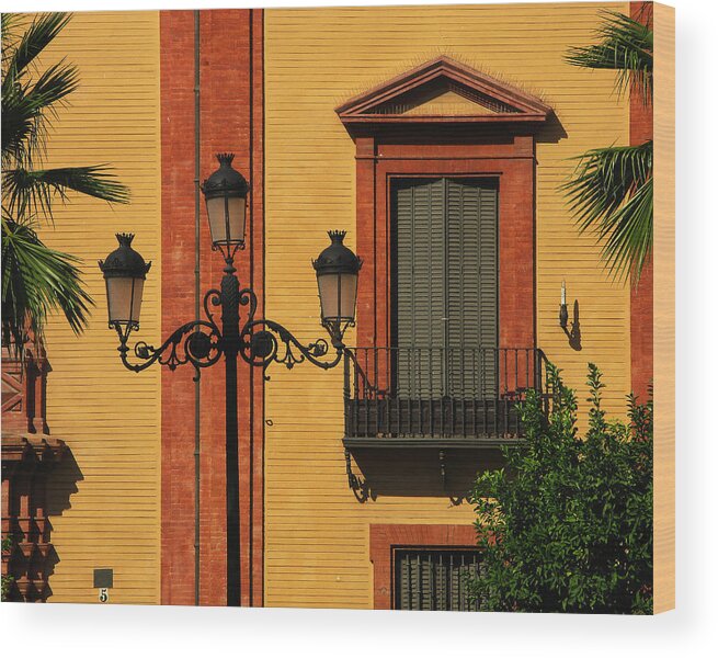 Sevilla Wood Print featuring the photograph Lamp and Window in Sevilla Spain by Greg Matchick