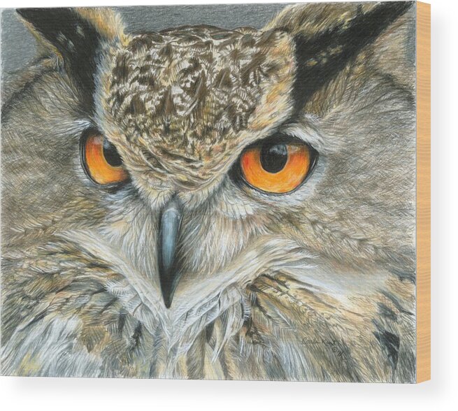 Owl Wood Print featuring the painting Orange-Eyed Owl by Carla Kurt