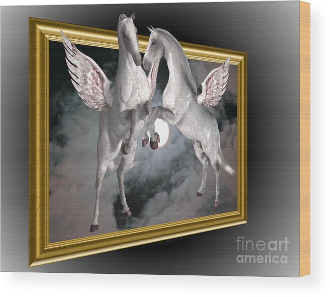 Pegasus Wood Print featuring the digital art Flying Pegasus Horses by Smilin Eyes Treasures