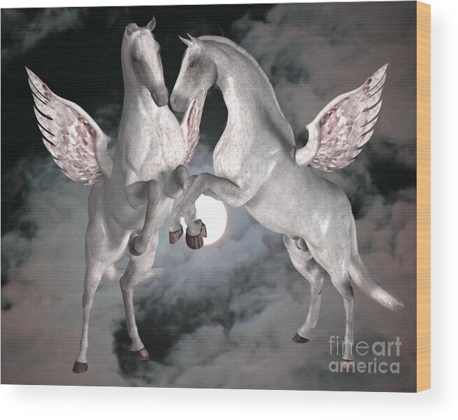 Animal Wood Print featuring the digital art Pegasus Friends by Smilin Eyes Treasures