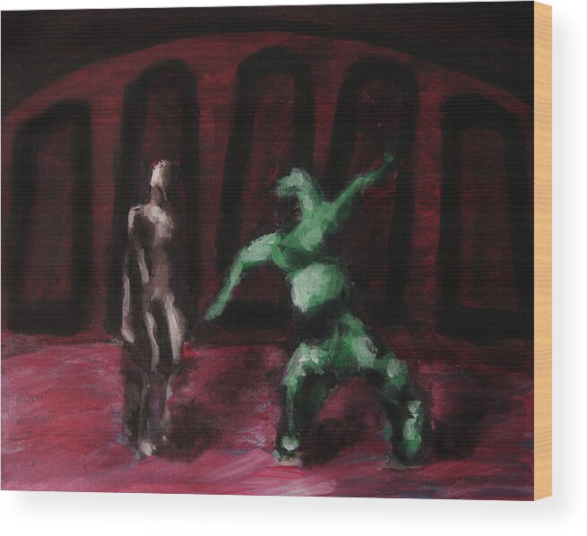 Robot Wood Print featuring the painting Robot Chewbacca Fight Colosseum in Red Green and Pink by M Zimmerman