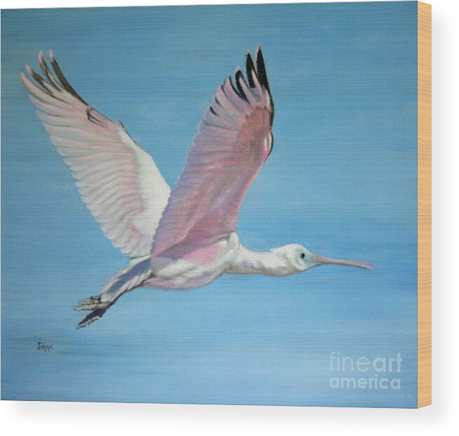 Roseate Spoonbill Wood Print featuring the painting Roseate Spoonbill in Full Flight by Jimmie Bartlett