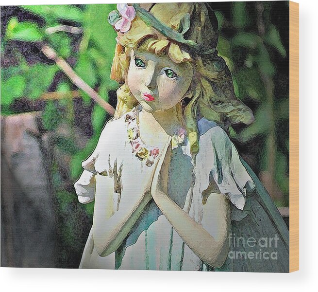 Sad Garden Fairy Print Wood Print featuring the photograph Sad Garden Fairy by Lila Fisher-Wenzel