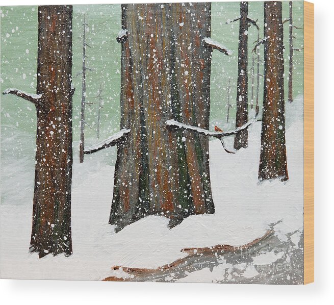 Redwood Wood Print featuring the painting Snowy Redwood by L J Oakes