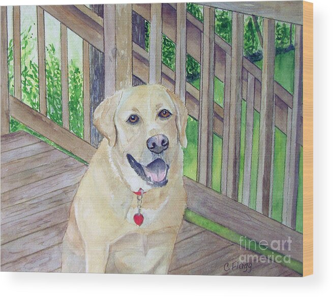 Dog Wood Print featuring the painting Spencer on Porch by Carol Flagg