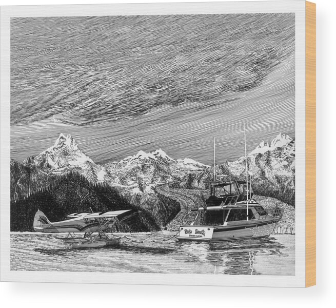 Yacht Portraits Wood Print featuring the drawing Super Cub on floats by Jack Pumphrey