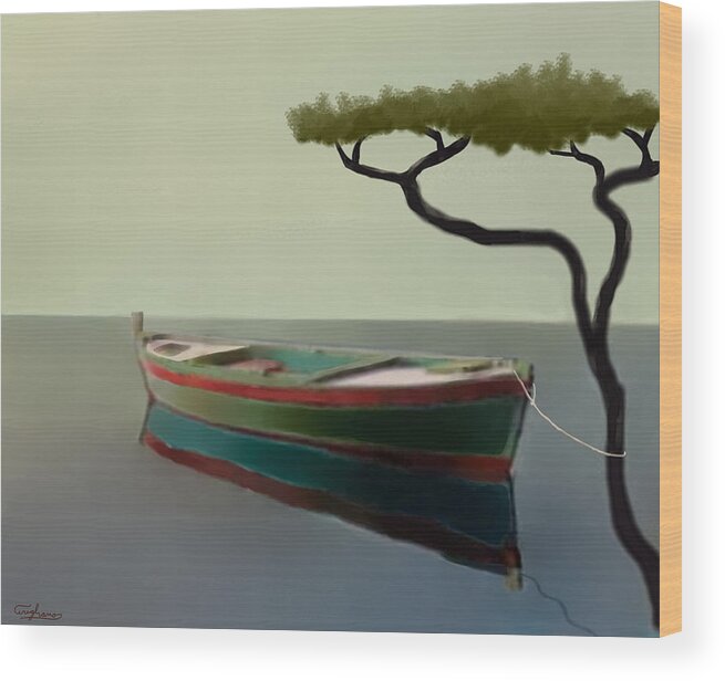 Boat Wood Print featuring the painting Surreal Sea by Larry Cirigliano