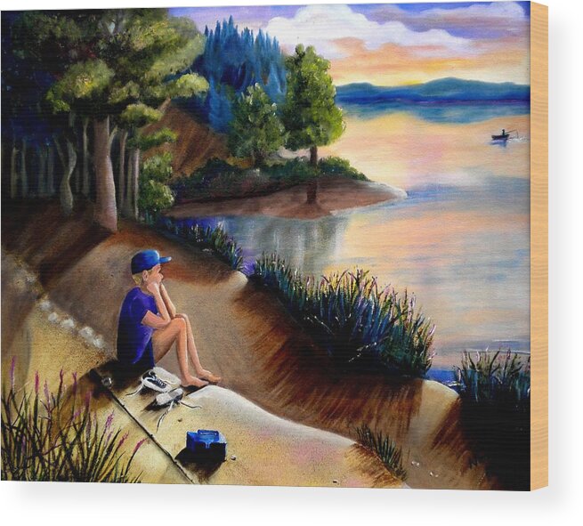 Sunset Wood Print featuring the photograph The Wish to Fish by Renate Wesley
