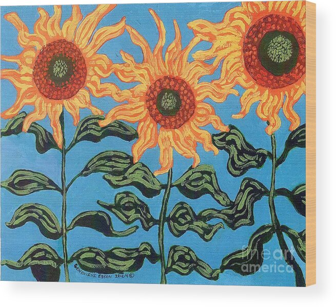 Sunflower Wood Print featuring the painting Three Sunflowers III by Genevieve Esson