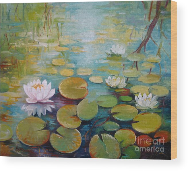 Lily Wood Print featuring the painting Water lilies on the pond by Elena Oleniuc