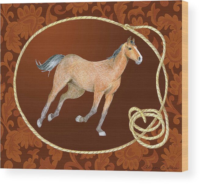 Horse Wood Print featuring the digital art Western Roundup Running Horse by Alison Stein