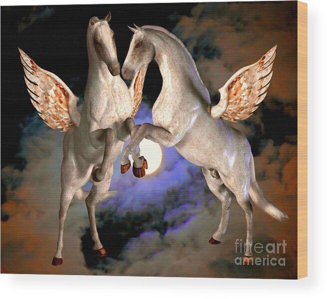 Pegasus Wood Print featuring the digital art Winged Horses Of The Sky by Smilin Eyes Treasures