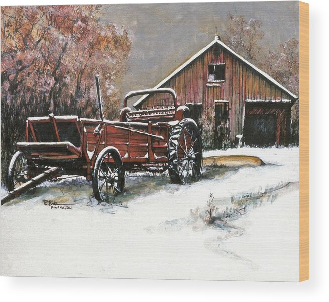 Winter Barn With Farm Equipment Wood Print featuring the painting Winter Barn with Farm Equipment by Robert Birkenes