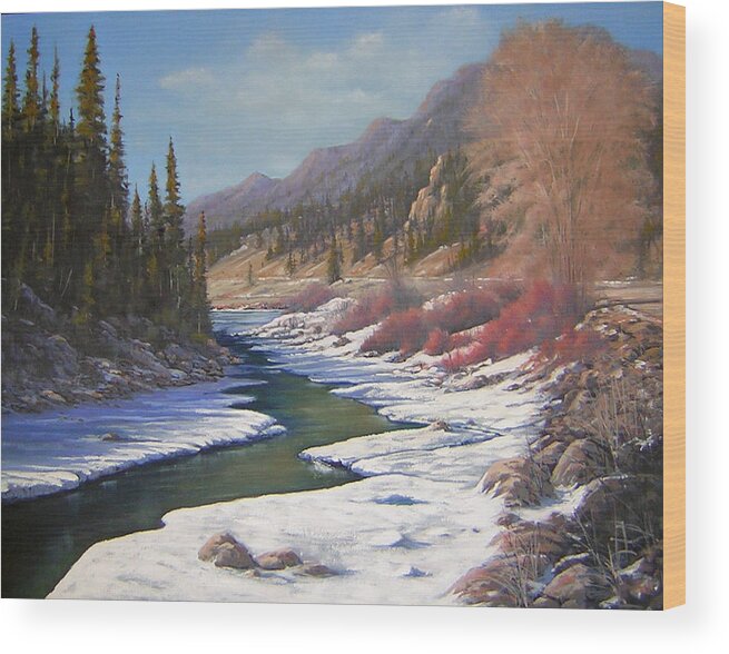 Landscape Wood Print featuring the painting 060328-2822  Remnants Of Winter  by Kenneth Shanika