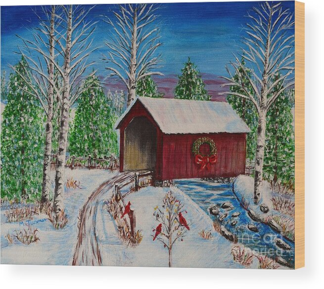 Snow Wood Print featuring the painting Christmas Bridge #1 by Melvin Turner