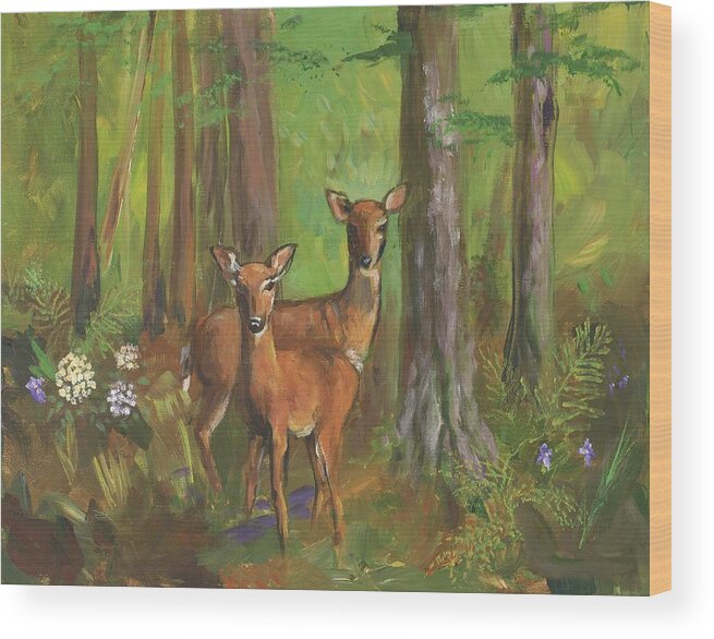 Nature Wood Print featuring the painting Deer Friends by Sofanya White