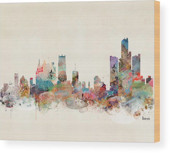 Detroit City Skyline Wood Print featuring the painting Detroit Michigan Skyline by Bri Buckley