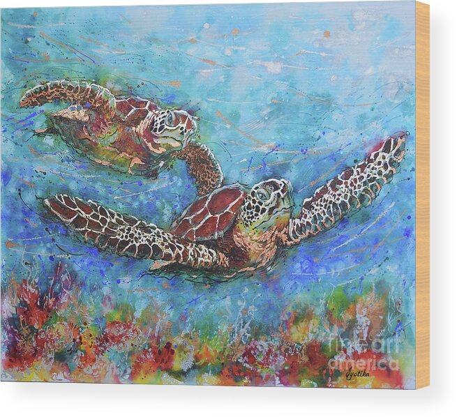 Marine Turtles Wood Print featuring the painting Gliding Turtles by Jyotika Shroff