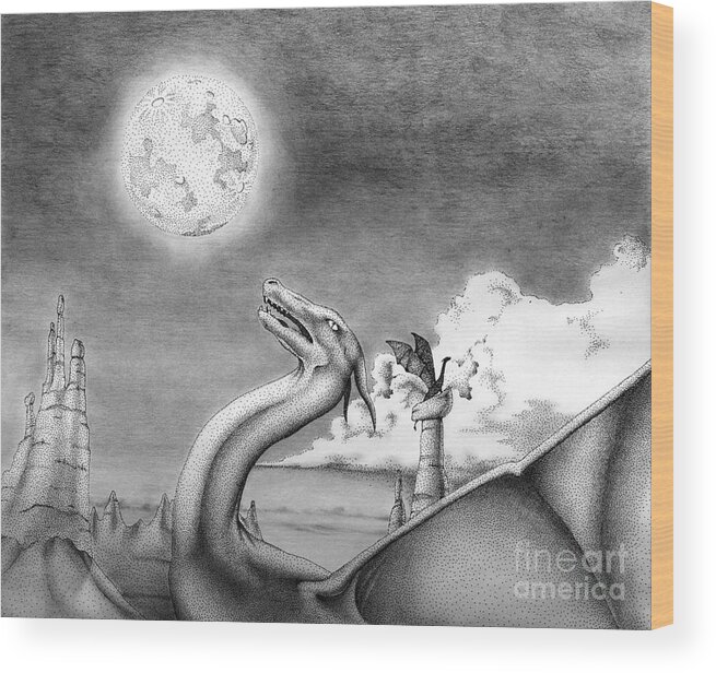 Dragon Wood Print featuring the drawing Howling Moon by Robert Ball