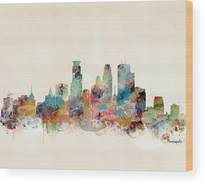 Minneapolis City Skyline Wood Print featuring the painting Minneapolis Minnesota Skyline #1 by Bri Buckley