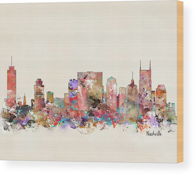 Nashville Tennessee Wood Print featuring the painting Nashville Tennessee Skyline #1 by Bri Buckley
