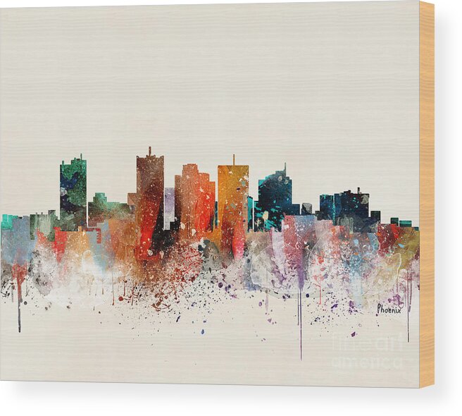 Phoenix Cityscape Wood Print featuring the painting Phoenix Skyline #1 by Bri Buckley