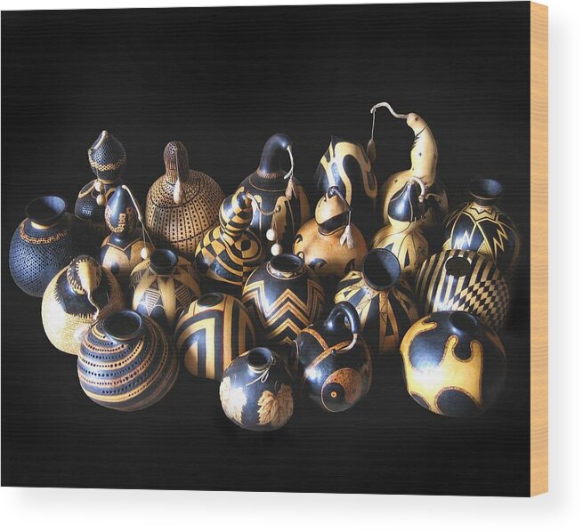 Dino Muradian Wood Print featuring the pyrography Pyrographed gourds #1 by Dino Muradian