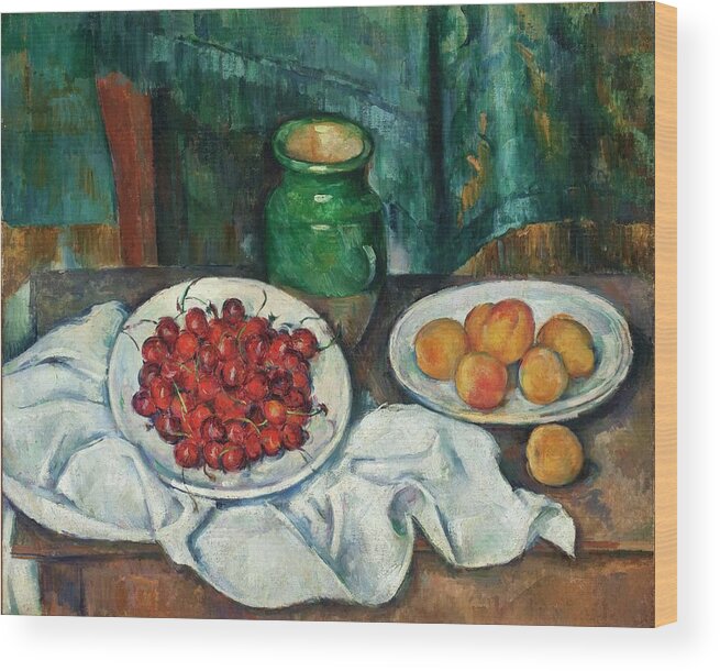 Cezanne Wood Print featuring the painting Still Life with Cherries and Peaches #1 by Paul Cezanne