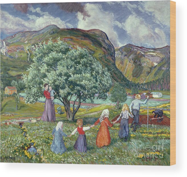Landscape Wood Print featuring the painting Summer wind and playing children #1 by Nikolai Astrup