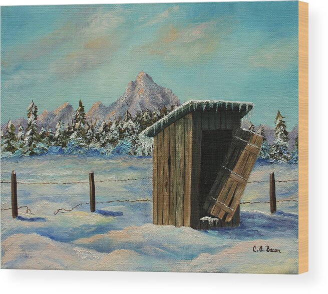 Outhouse Wood Print featuring the painting Winter Outhouse #4 by Charlotte Bacon