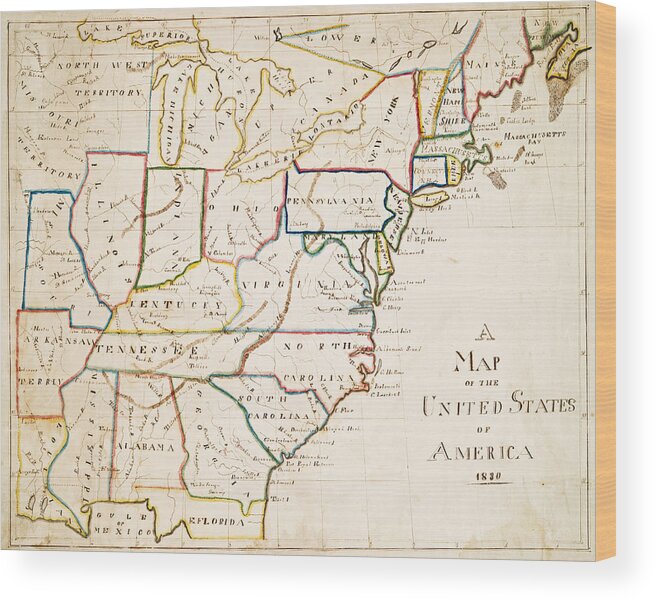 United Wood Print featuring the digital art 1830 Map of the United States Color by Toby McGuire