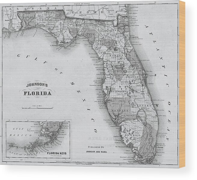 1864 Wood Print featuring the photograph 1864 Florida Map Black and White by Toby McGuire