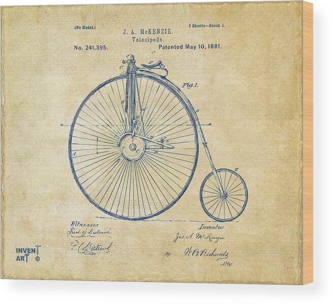 Velocipede Wood Print featuring the digital art 1881 Velocipede Bicycle Patent Artwork - Vintage by Nikki Marie Smith