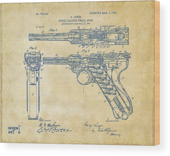 Luger Wood Print featuring the digital art 1904 Luger Recoil Loading Small Arms Patent - Vintage by Nikki Marie Smith