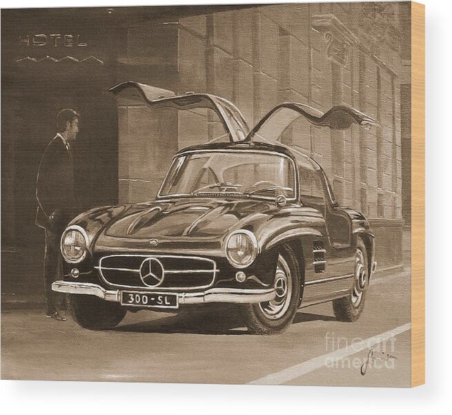 Acrylic Paintings Wood Print featuring the painting 1954 Mercedes Benz 300 SL In Sepia by Sinisa Saratlic