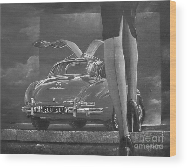 Mercedes Benz 300 Sl Gullwing Coupe Painting Wood Print featuring the painting 1957 Mercedes Benz 300 SL Gullwing coupe In Black and White by Sinisa Saratlic