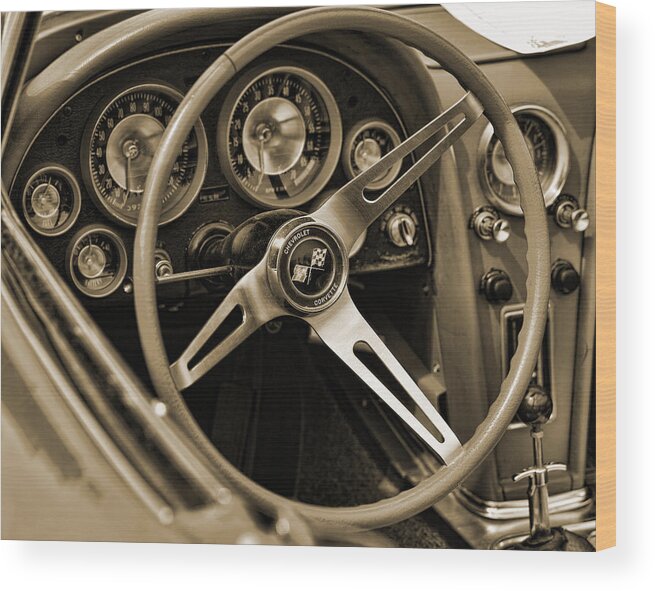 1963 Wood Print featuring the photograph 1963 Chevrolet Corvette Steering Wheel - Sepia by Gordon Dean II