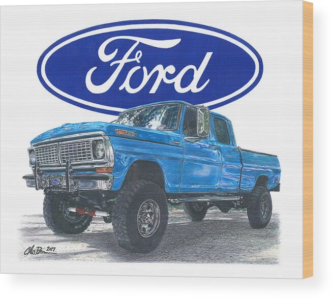 Ford Wood Print featuring the drawing 1970 Ford F-250 Crew Cab by Chris Brown