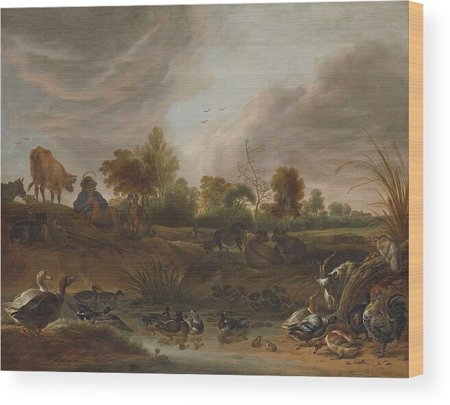 Landscape With Animals Wood Print featuring the painting Landscape With Animals by Cornelis Saftleven