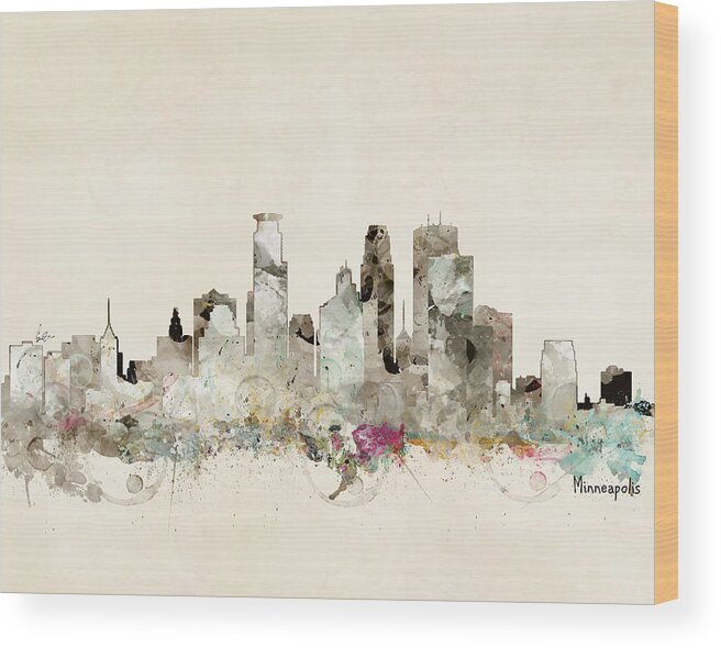 Minneapolis Wood Print featuring the painting Minneapolis Minnesota Skyline #2 by Bri Buckley