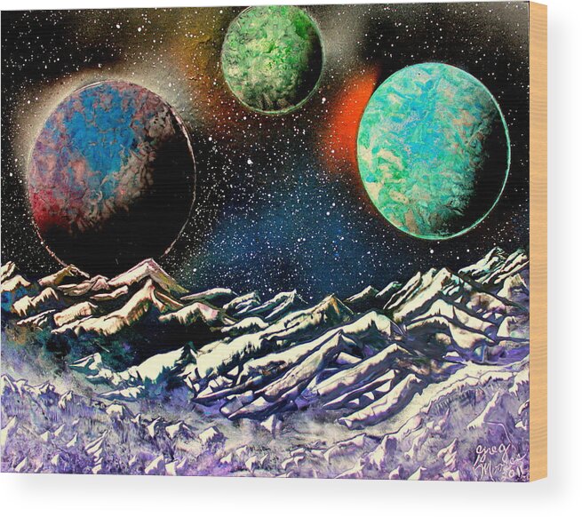 Space Art Wood Print featuring the painting 3 Planets 4664 E by Greg Moores
